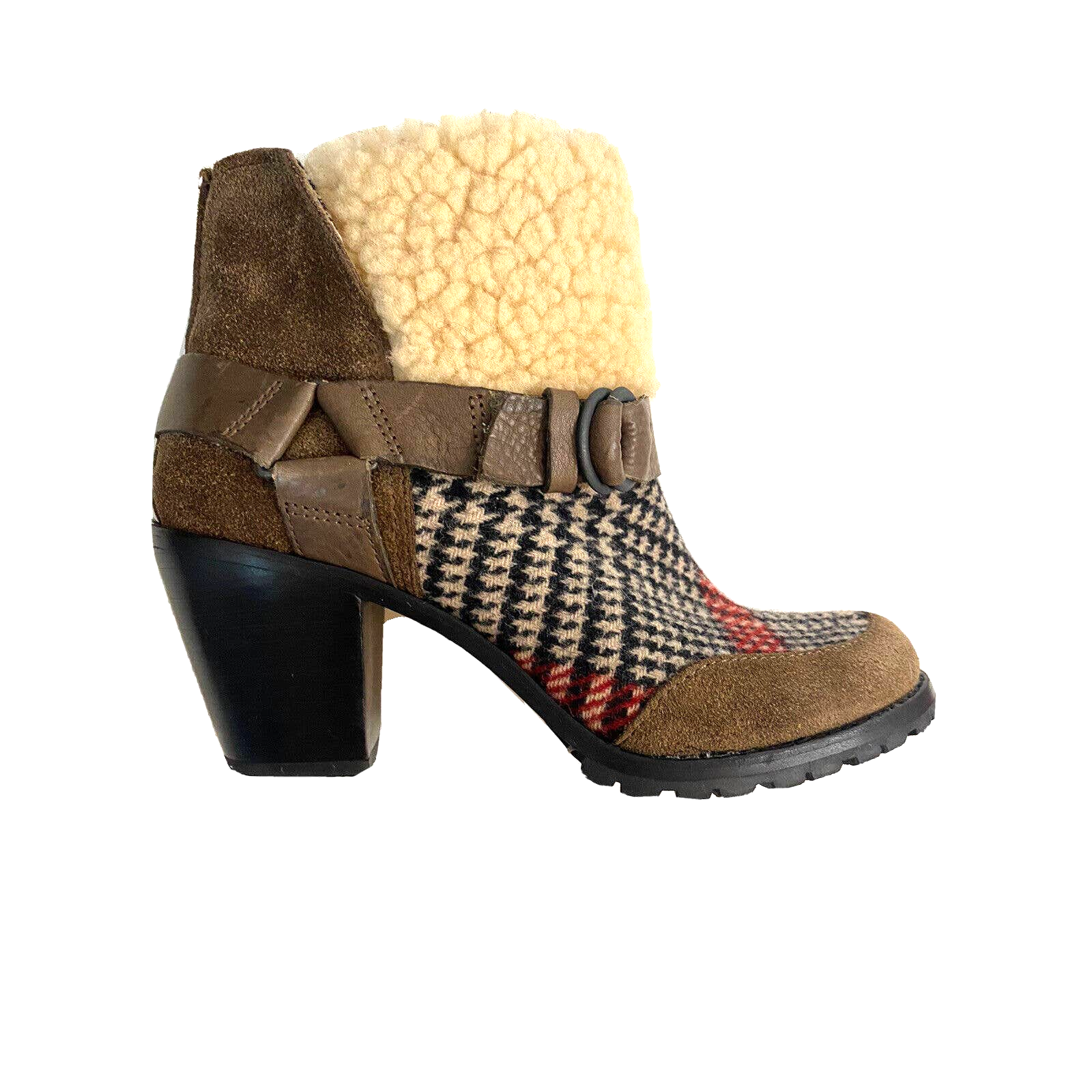 Woolrich Heeled Ankle Boots Leather Sheepskin Plaid Womens 7.5 Hardly Worn.